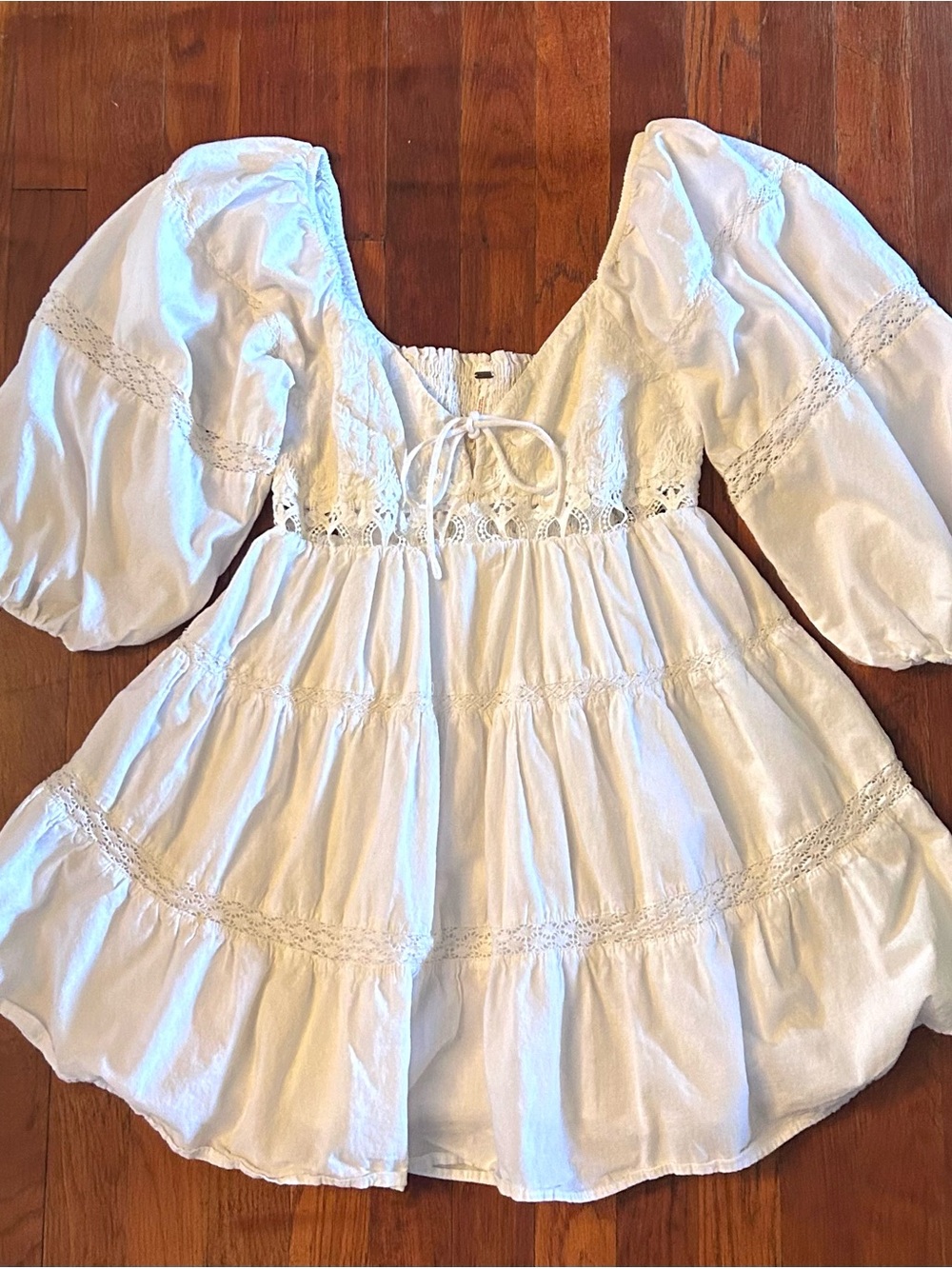 Free People Cottagecore Babydoll Peasant Boho Lace Puffy Sleeve White Dress XS